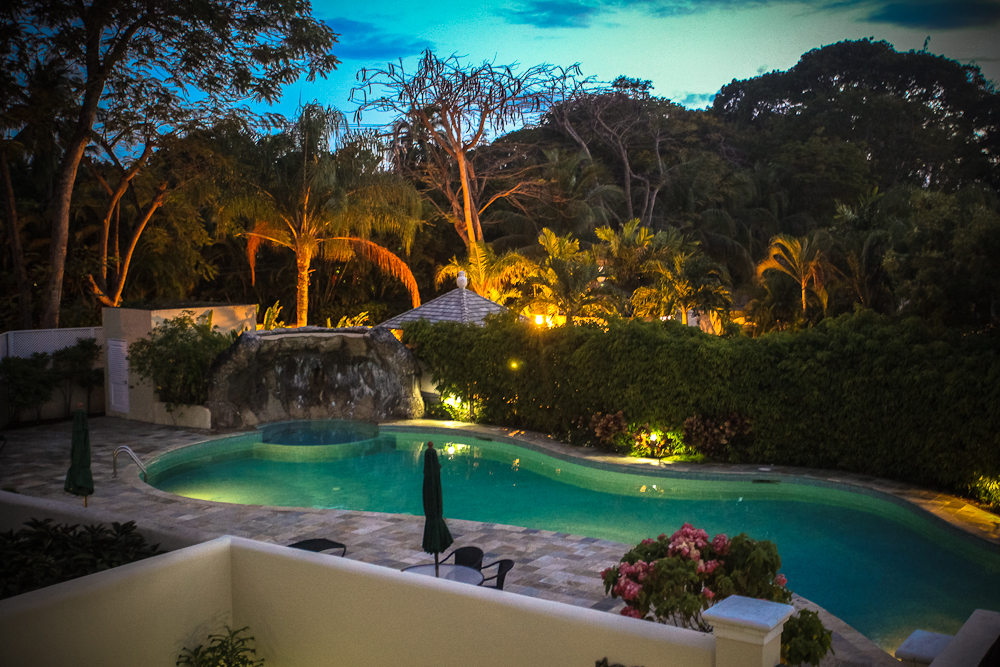 Jus Chillin, Barbados, night time pool view